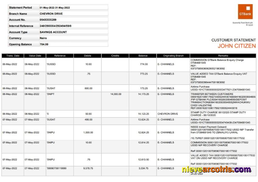 Nigeria GTBank statement, Word and PDF, version 2